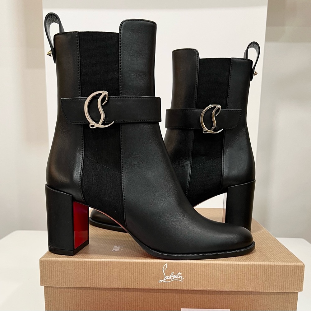 Christian Louboutin CL Leather Chelsea Boots 70mm heels blackl red sole shoes